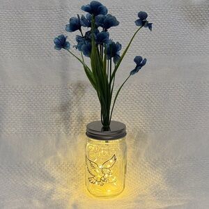 Custom Designed Illuminated Mason Jar Eagles with Blue Flowers- New Without Tags